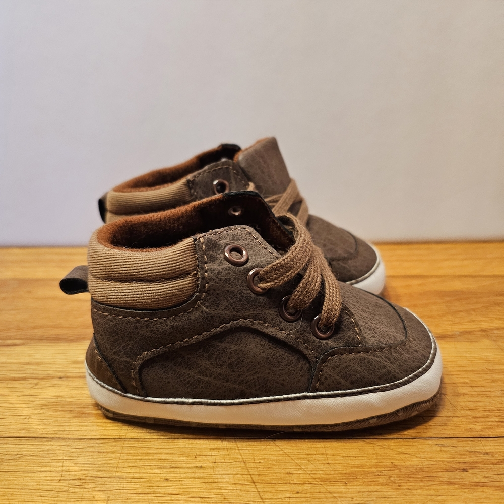 Brown Faux Leather Canvas Baby Slipper High Top Lace Up Crib Shoe Boy 3